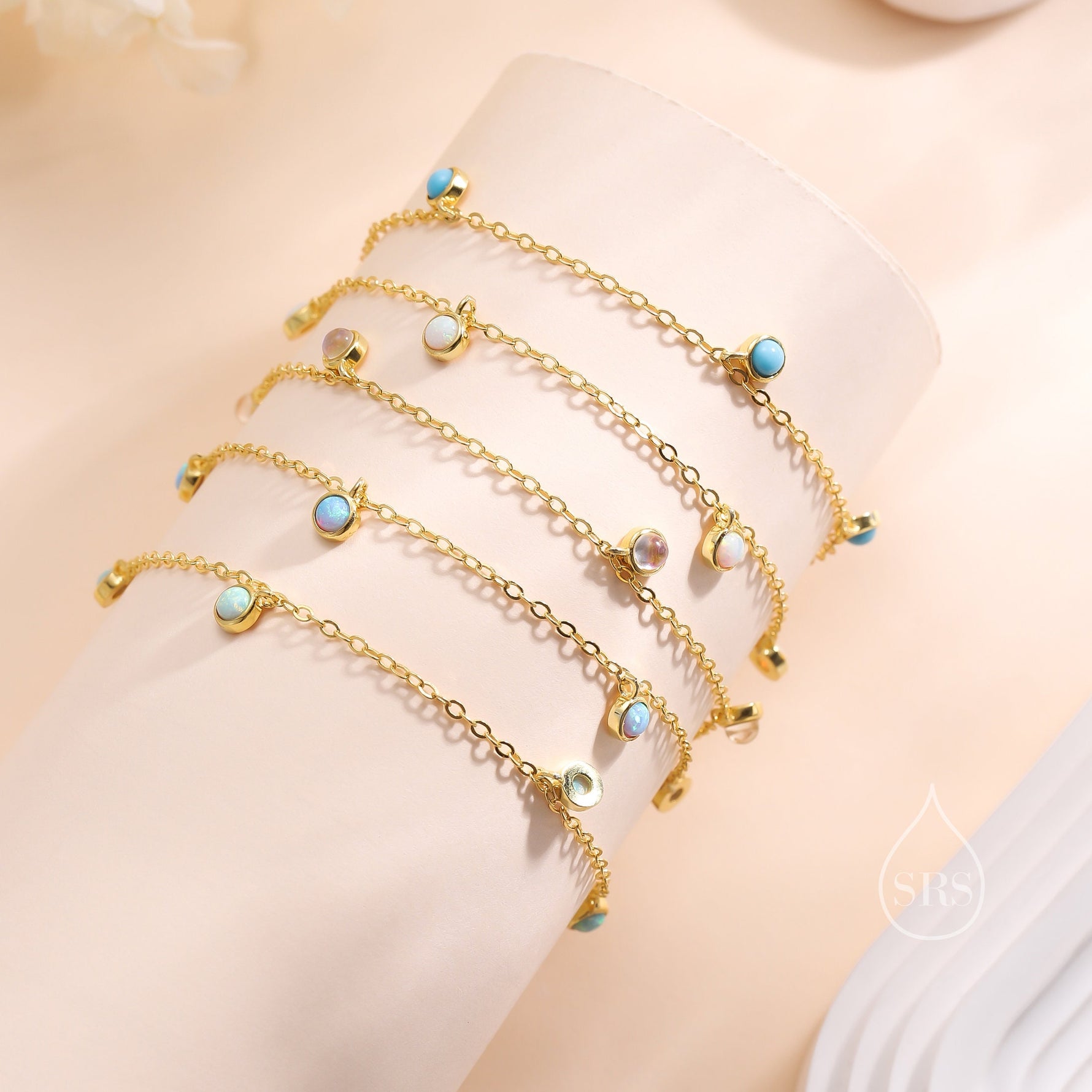 Delicate Moonstone Charm Bracelet in Sterling Silver, Silver or Gold, Silver Moonstone Bracelet