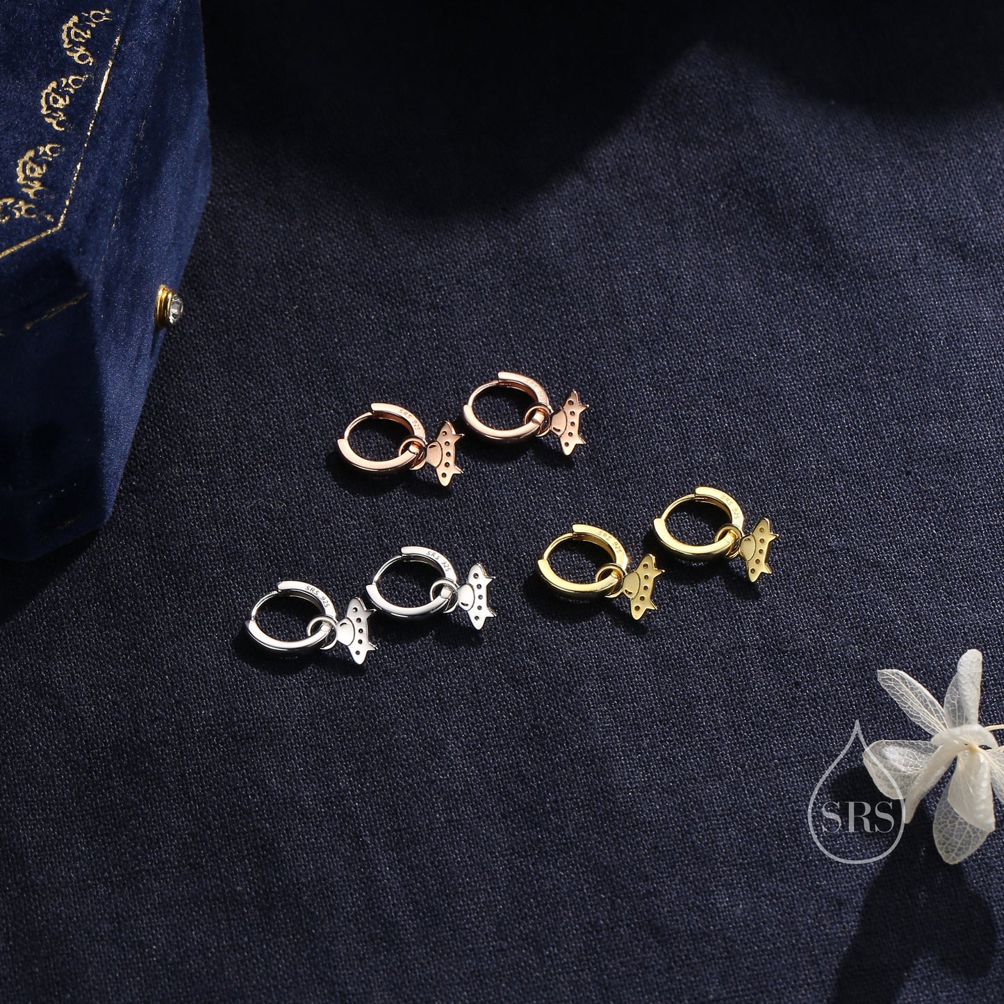 Sterling Silver UFO Huggie Hoops, Silver, Gold or Rose Gold, Detachable Cute Alien UFO Hoop Earrings,