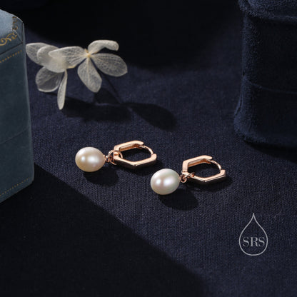 Hexagon Hoops with Dangling Oval Pearl Drop Earrings in Sterling Silver, Silver or Gold or Rose Gold, Keshi Pearl Earrings, Pearl Hoops