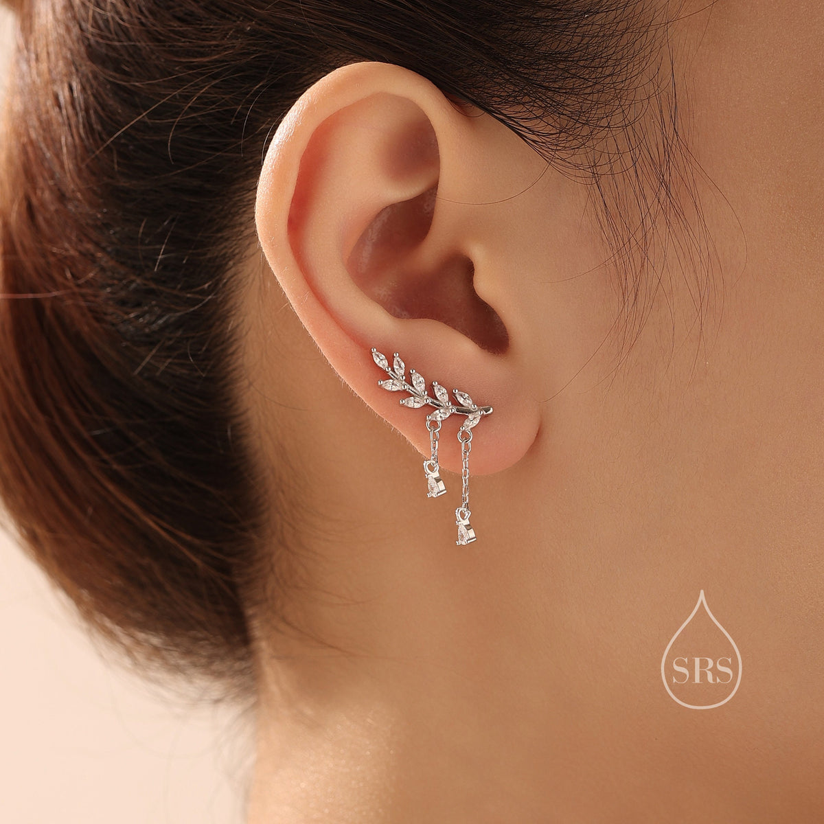 CZ Leaf with Dangle Chains Crawler Earrings