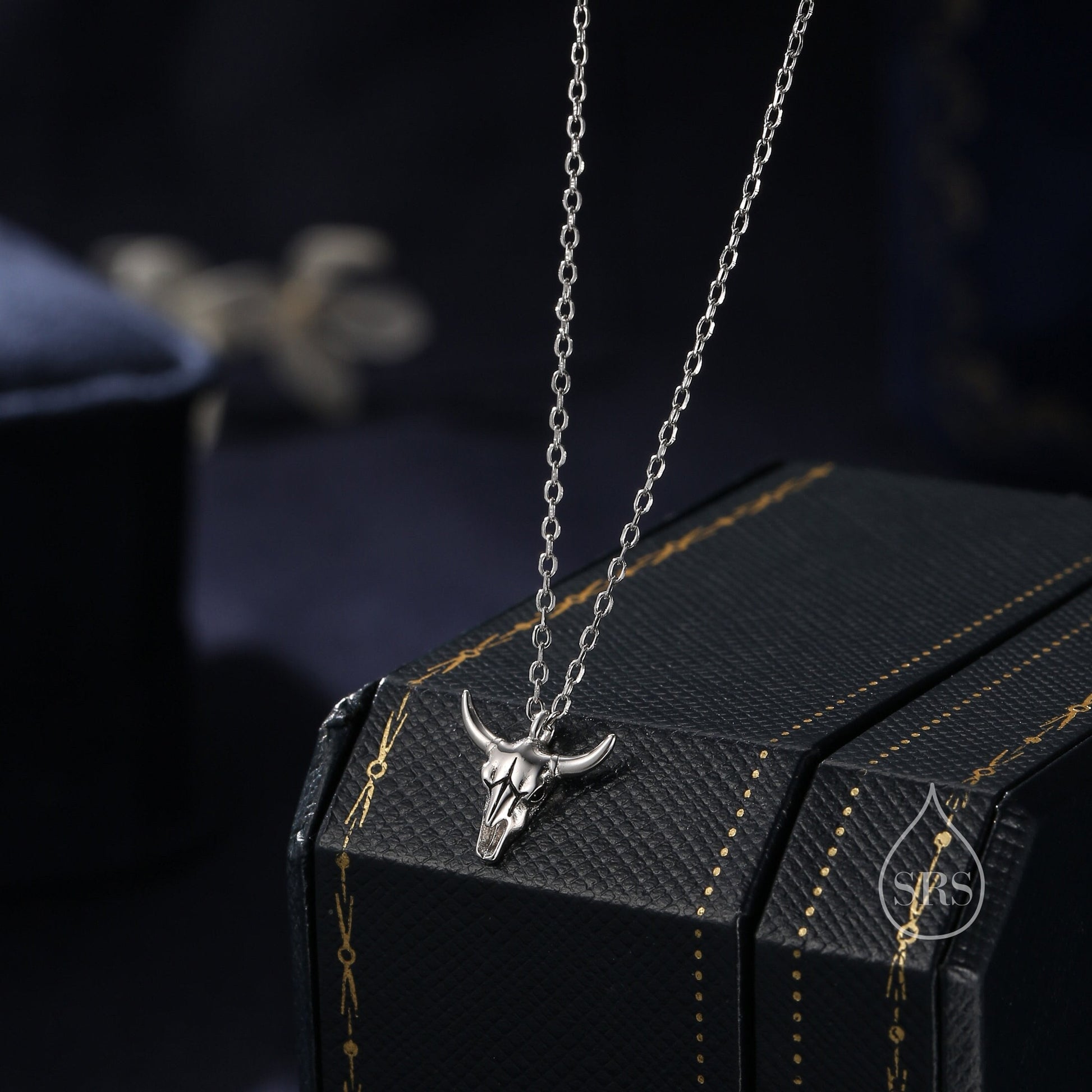 Tiny Bull Skull Pendant Necklace in Sterling Silver, Silver or