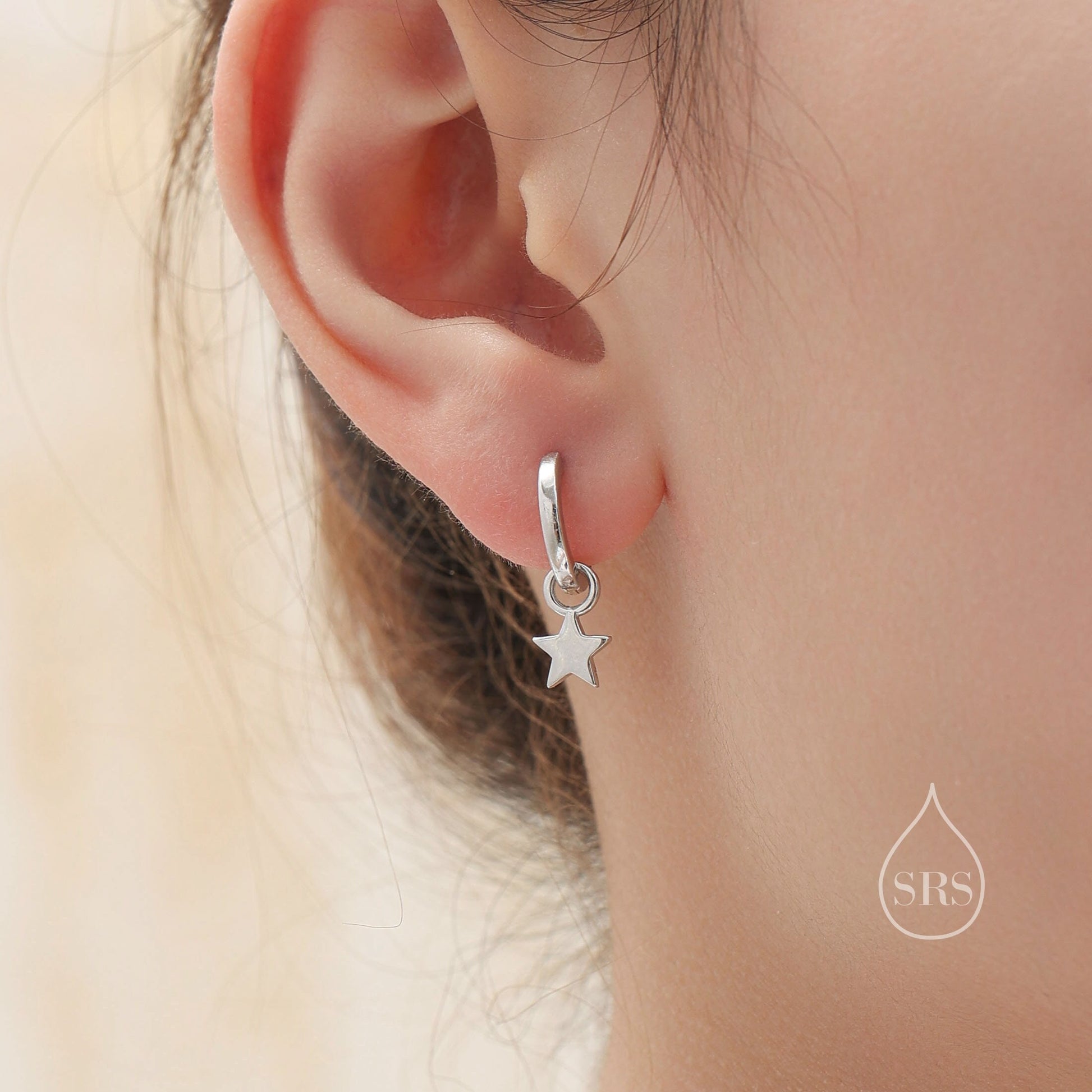 Star Charm Huggie Hoop Earrings in Sterling Silver, Detachable