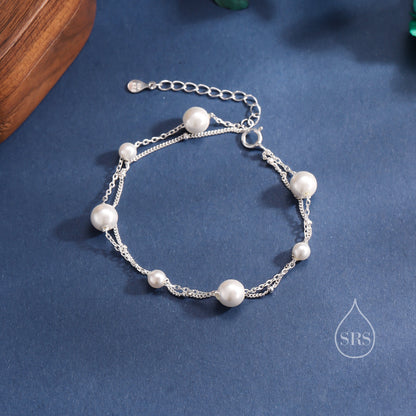 Sterling Silver Delicate Mother of Pearl Beaded Bracelet, Double Layer Pearl Bracelet, Simulated Pearl Bracelet, Two Layer