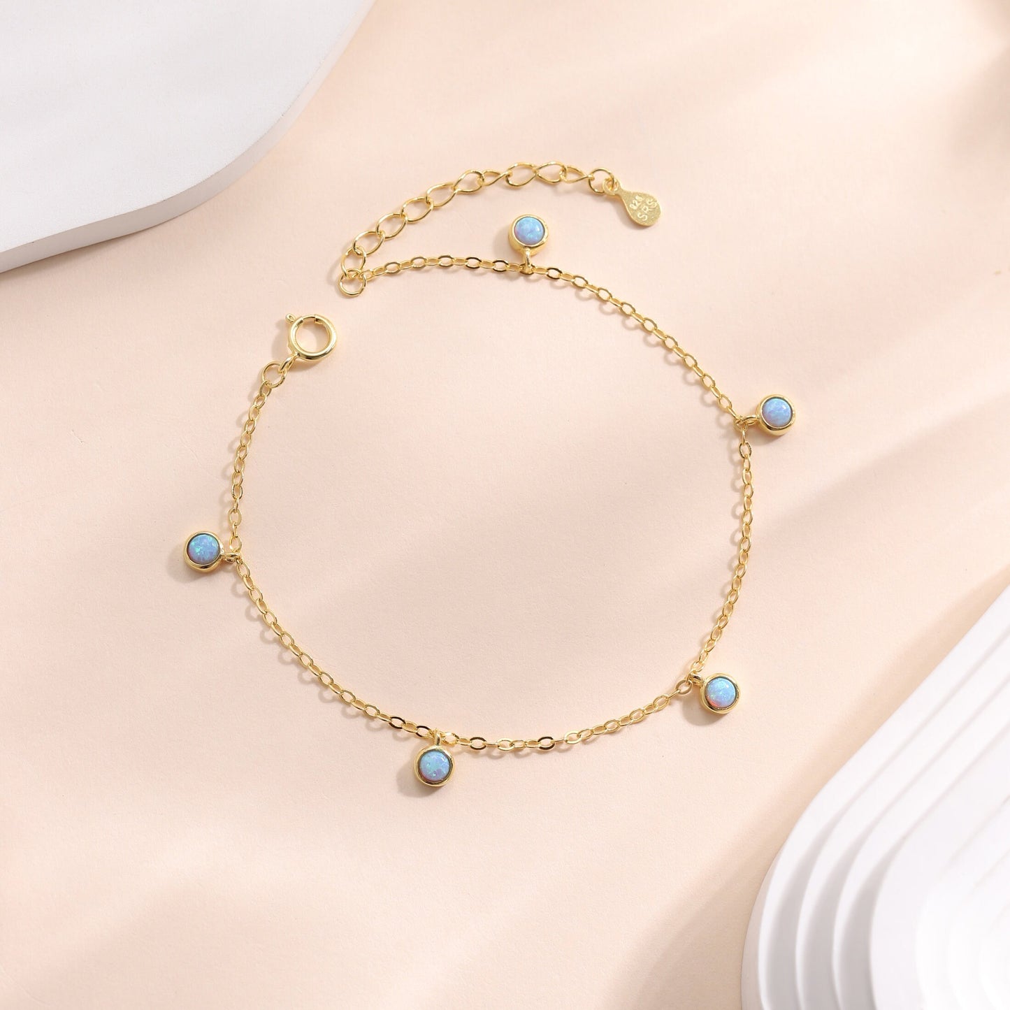 Delicate Aqua Green Opal Charm Bracelet in Sterling Silver,  Silver or Gold, Silver Opal Bracelet