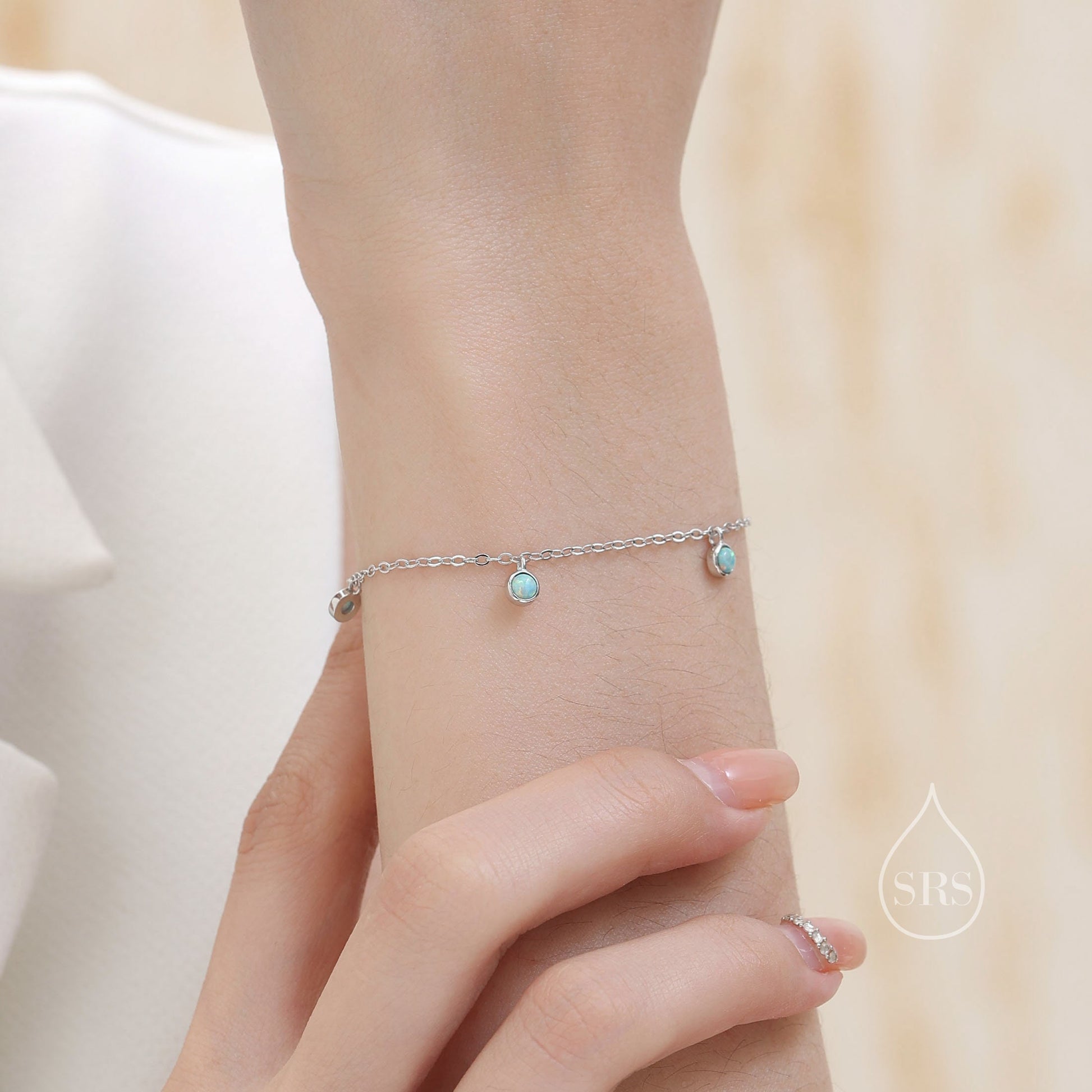 Delicate White Opal Charm Bracelet in Sterling Silver, Silver or Gold, Silver Opal Bracelet