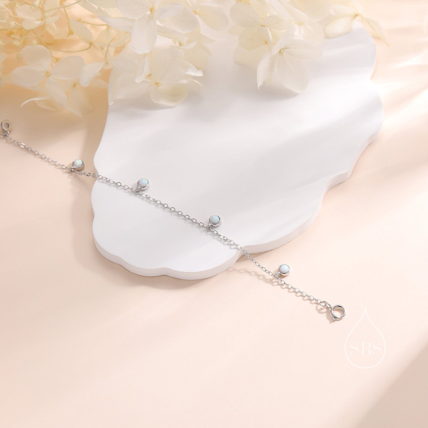 Delicate White Opal Charm Bracelet in Sterling Silver, Silver or Gold, Silver Opal Bracelet