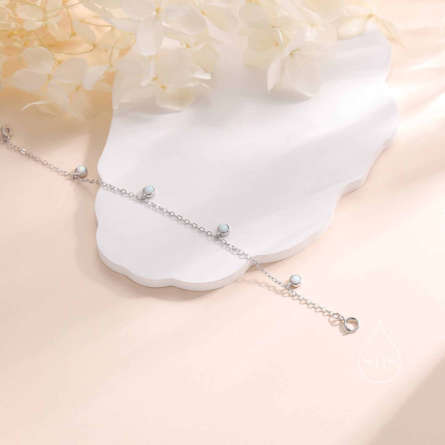 Delicate White Opal Charm Bracelet in Sterling Silver,  Silver or Gold, Silver Opal Bracelet