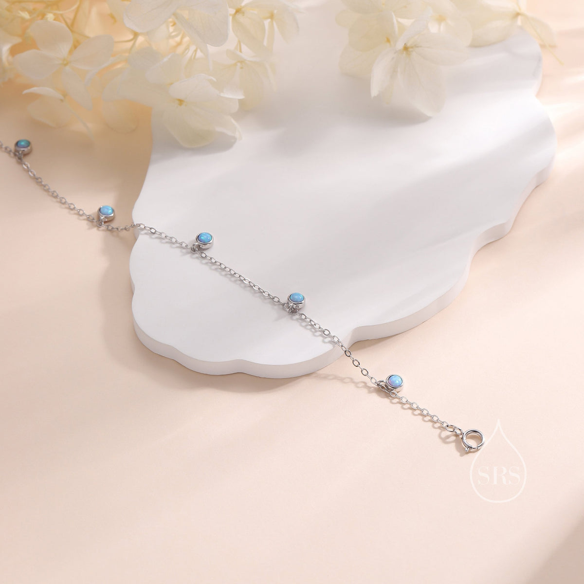 Delicate Blue Opal Charm Bracelet in Sterling Silver, Silver or Gold, Sterling Silver Tiny Opal Bracelet