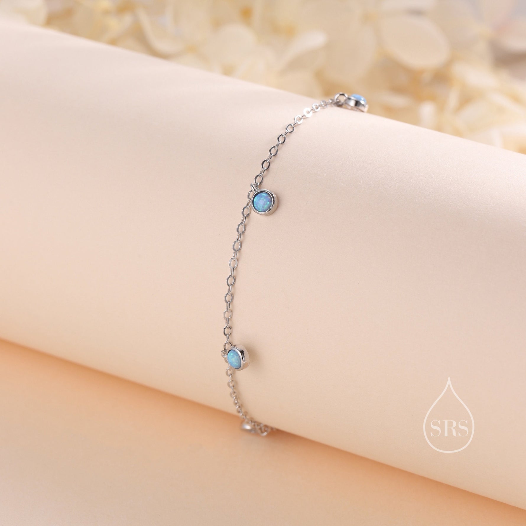 Delicate Blue Opal Charm Bracelet in Sterling Silver, Silver or Gold, Sterling Silver Tiny Opal Bracelet
