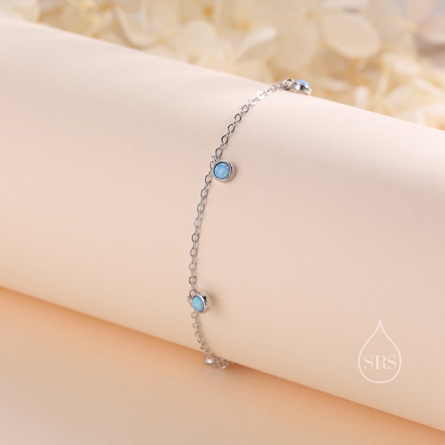 Delicate Blue Opal Charm Bracelet in Sterling Silver,  Silver or Gold, Sterling Silver Tiny Opal Bracelet