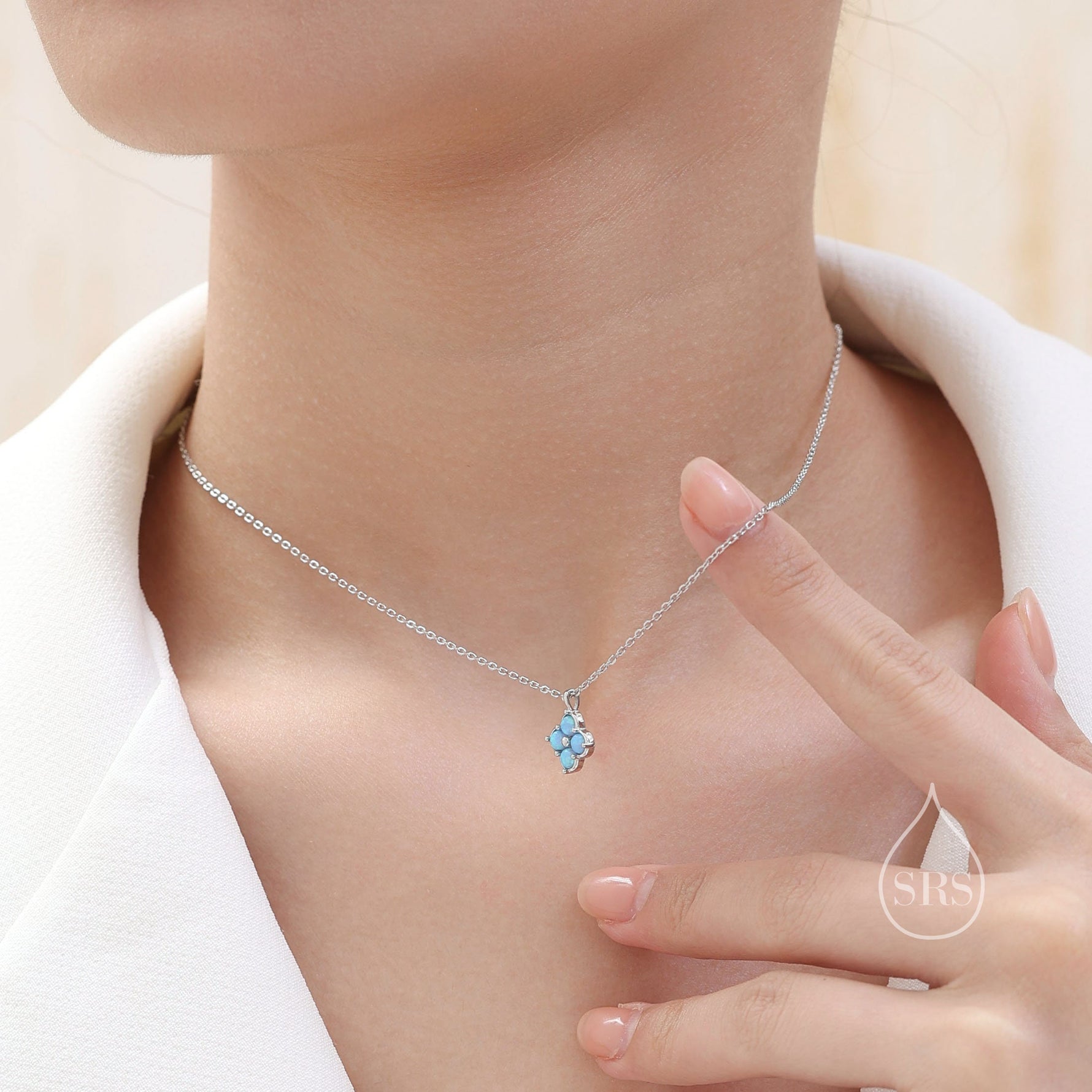 Blue Opal Hydrangea Pendant Necklace in Sterling Silver, Silver or Gold, Blue Opal Four Dot Necklace, Sterling Silver Opal Pendant