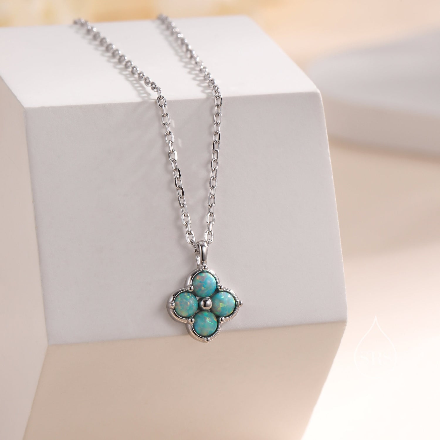 Aqua Green Opal Hydrangea Pendant Necklace in Sterling Silver, Silver or Gold, Green Opal Four Dot Necklace, Sterling Silver Opal Pendant