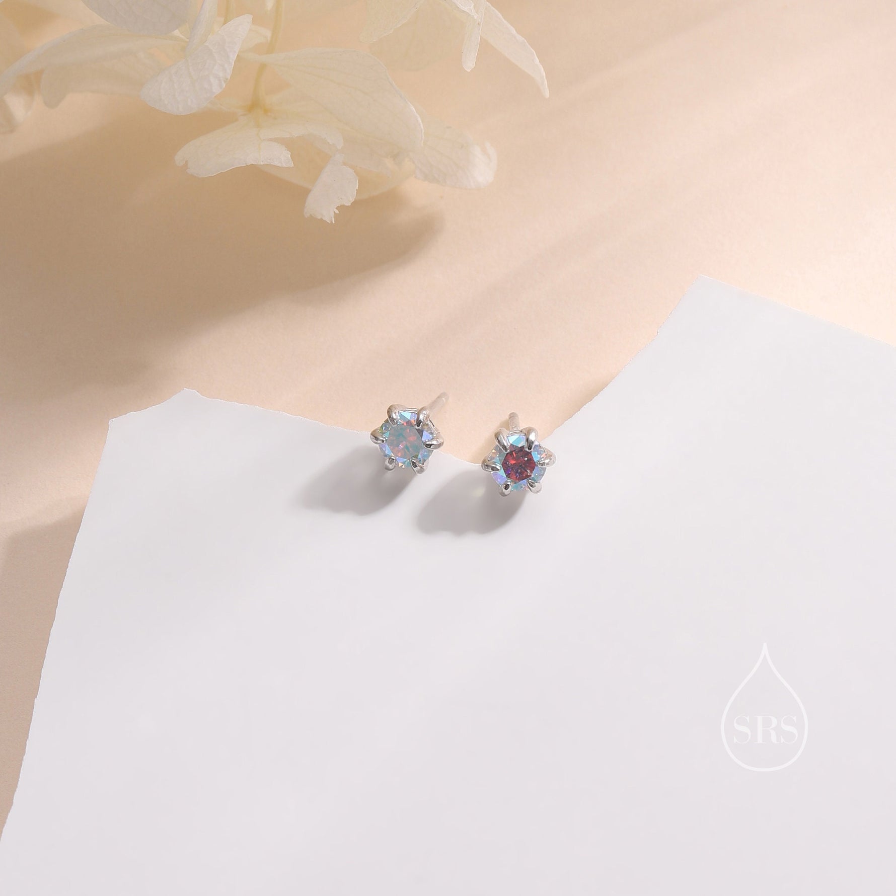 Sterling Silver Aurora AB CZ Stud Earrings, 4mm Minimal Aurora Colour Changing CZ Earrings, Tiny Iridescent Crystal Stud