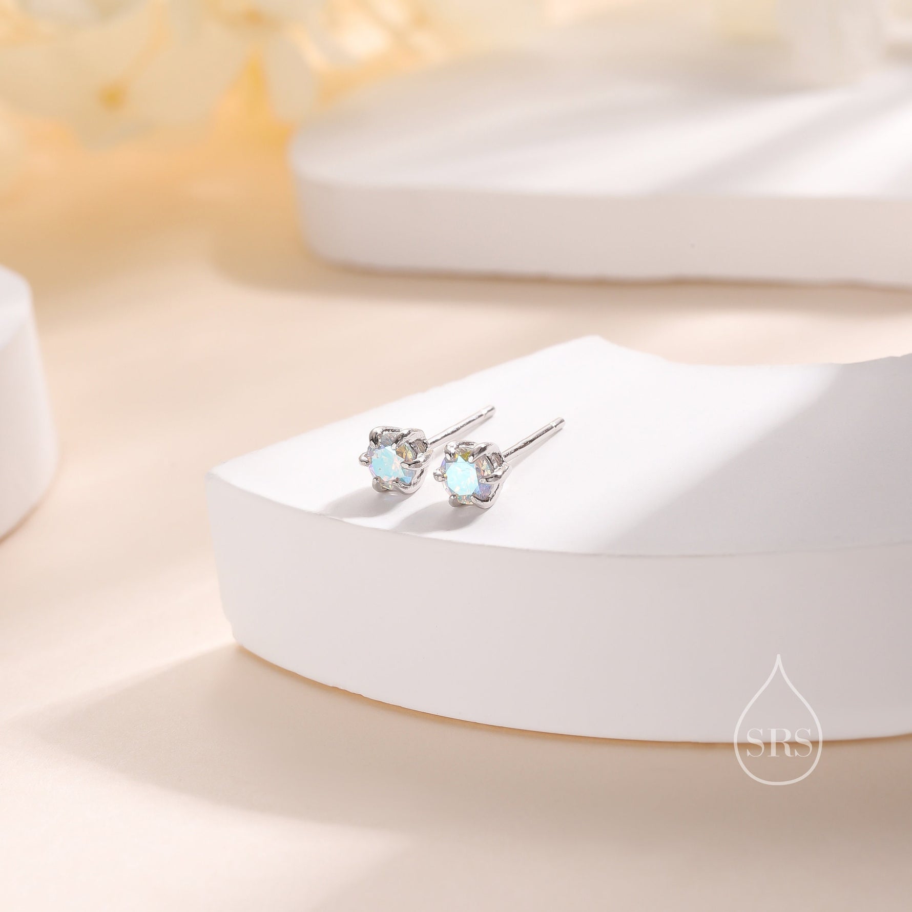 Sterling Silver Aurora AB CZ Stud Earrings, 4mm Minimal Aurora Colour Changing CZ Earrings, Tiny Iridescent Crystal Stud