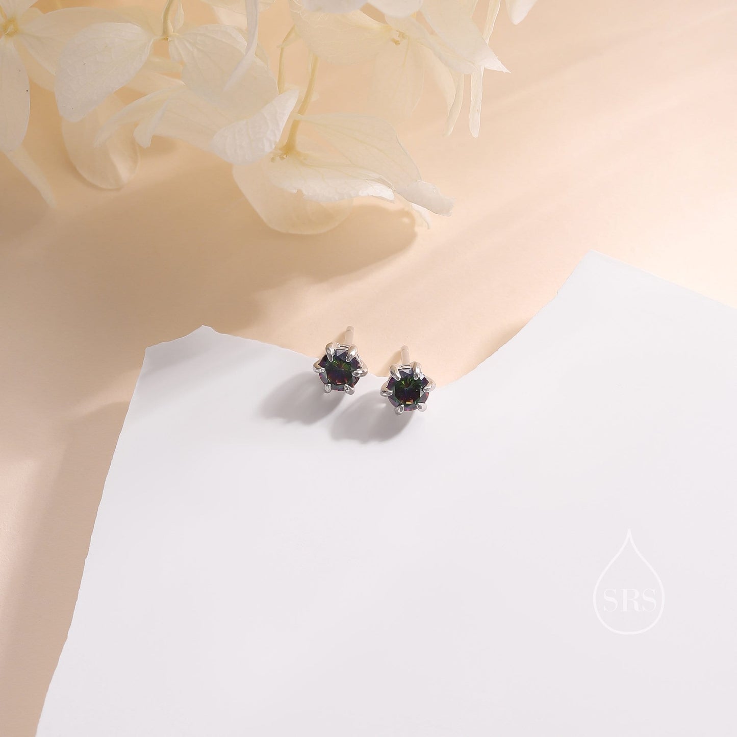 Sterling Silver Mystic Black CZ Stud Earrings,  4mm Minimal Aurora Colour Changing CZ Earrings, Iridescent Black Crystal Stud