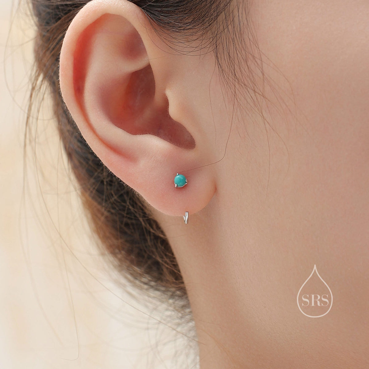 Genuine Turquoise Threader Hoop Earrings in Sterling Silver, Blue Turquoise or Green Turquoise Huggie Hoops, Turquoise Open Hoop Earrings