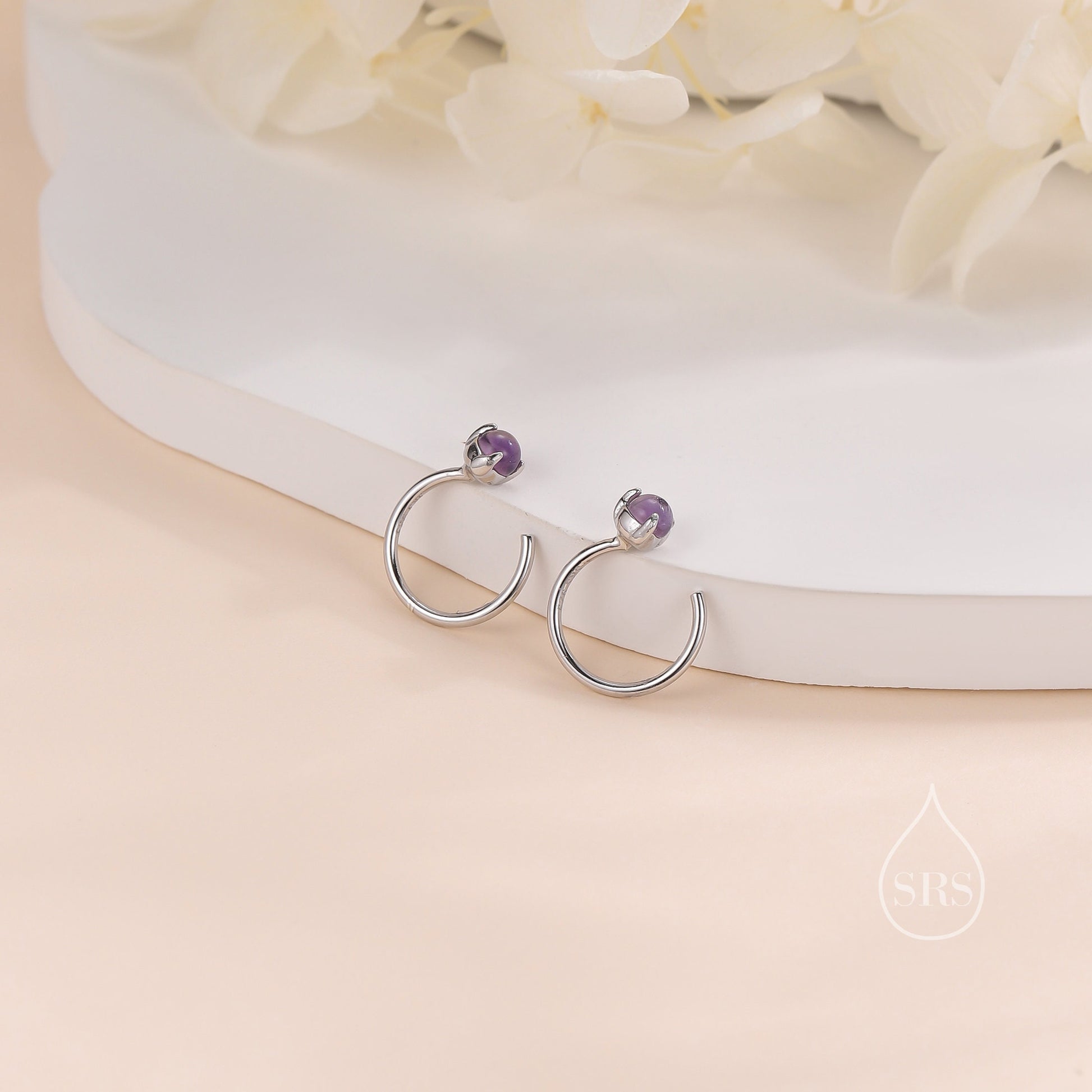 Genuine Amethyst Huggie Hoop Earrings in Sterling Silver, 3mm Natural Purple Amethyst Open Hoops, Pull Through Threaders, C Shape Half Hoops