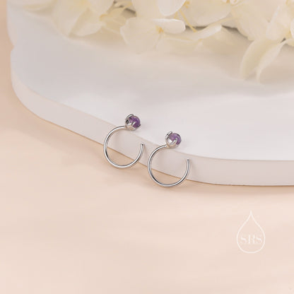 Genuine Amethyst Huggie Hoop Earrings in Sterling Silver, 3mm Natural Purple Amethyst Open Hoops, Pull Through Threaders, C Shape Half Hoops