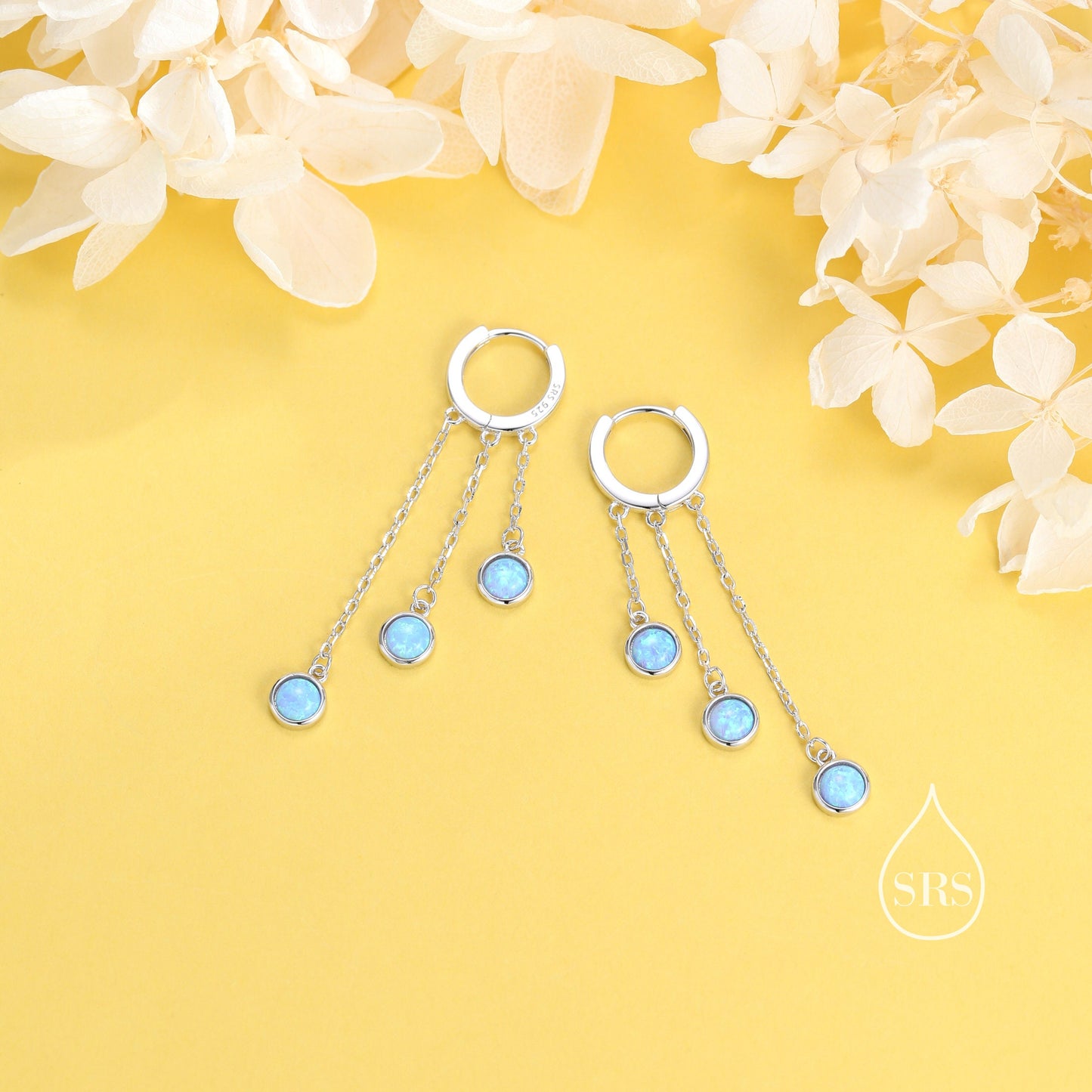 Blue Opal Dangle Charm Hoop Earrings, Opal Trio Dangle Hoop Earrings, Silver or Gold, Lab Opal Chain Charm Hoops