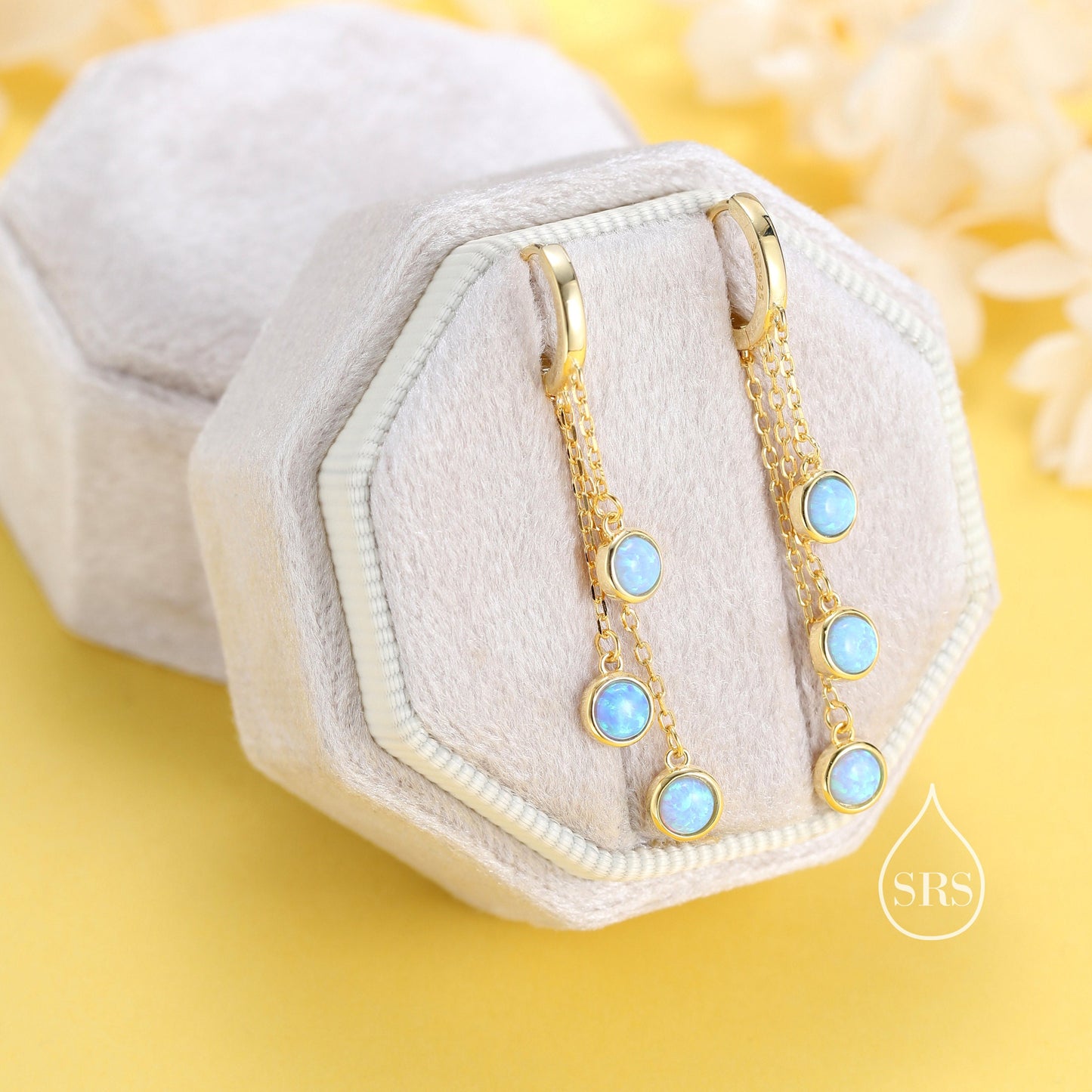 Blue Opal Dangle Charm Hoop Earrings, Opal Trio Dangle Hoop Earrings, Silver or Gold, Lab Opal Chain Charm Hoops