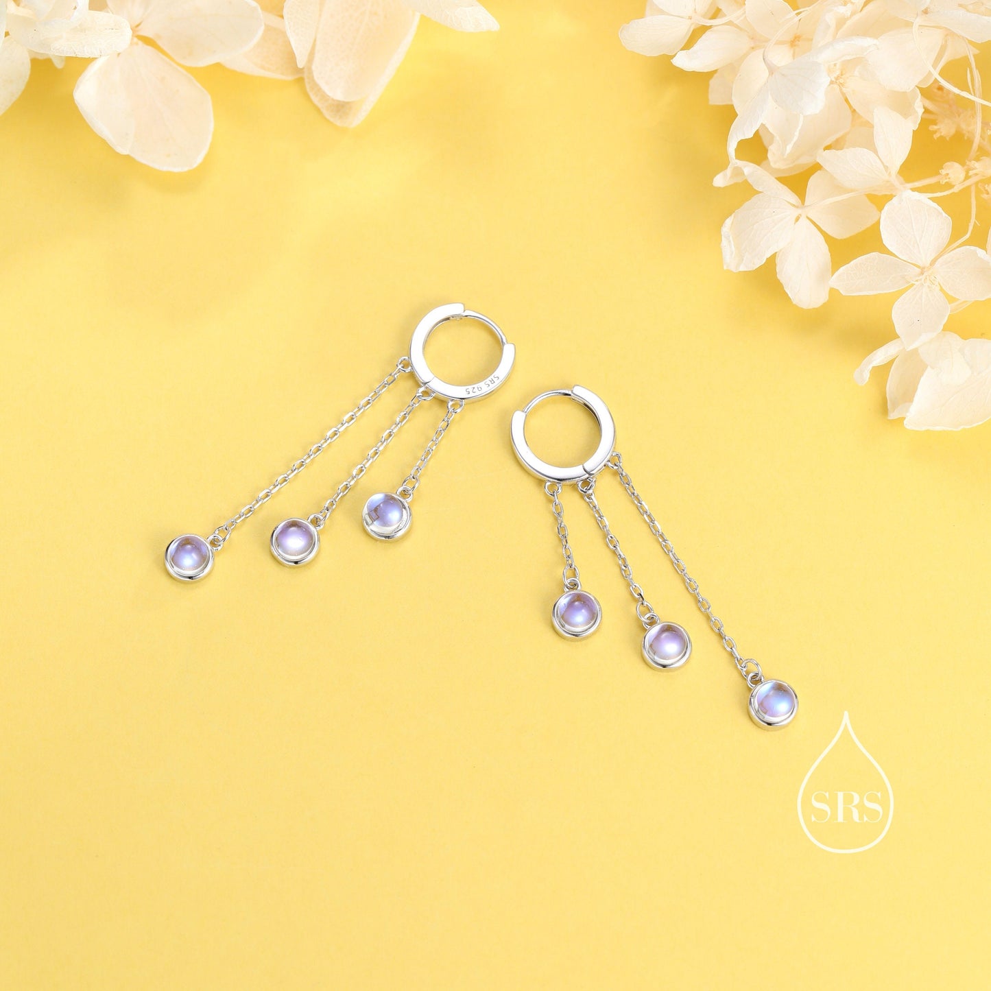 Moonstone Dangle Charm Hoop Earrings, Lab Moonstone Trio Dangle Hoop Earrings, Silver or Gold, Simulated Moonstone Chain Charm Hoops