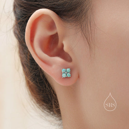 Blue Opal Hydrangea Stud Earrings in Sterling Silver - Gold or Silver - Opal Flower Earrings, Four Fire Opal Stud