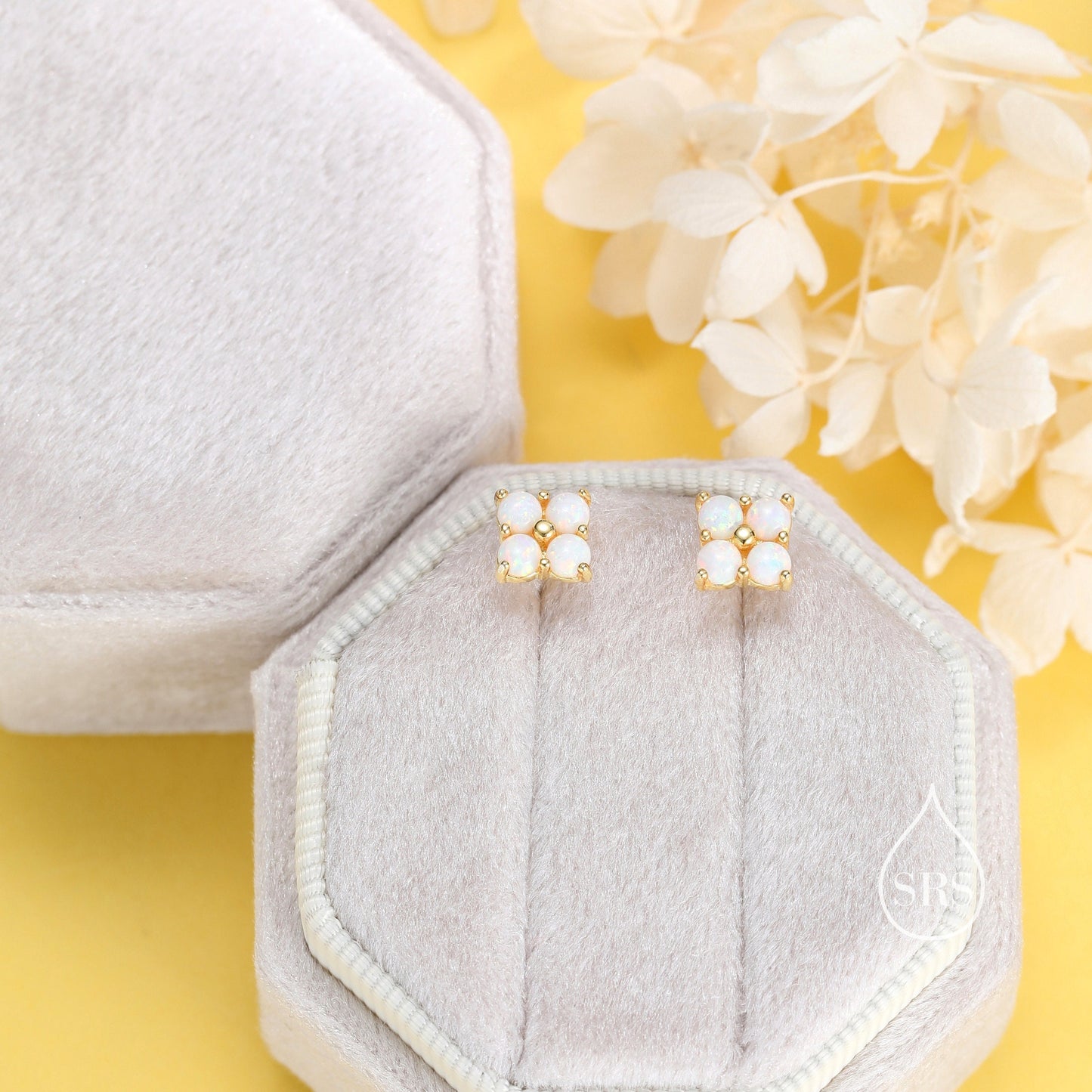 White Opal Hydrangea Screw Back Earrings in Sterling Silver - Gold or Silver - Opal Flower Earrings, Four Fire Opal Stud