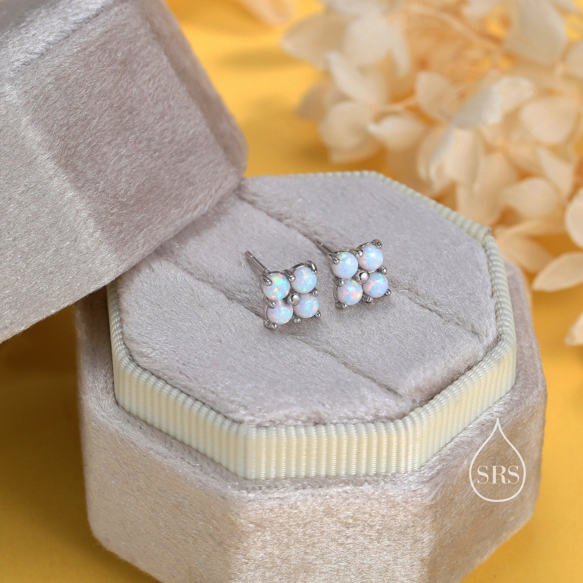 White Opal Hydrangea Screw Back Earrings in Sterling Silver - Gold or Silver - Opal Flower Earrings, Four Fire Opal Stud