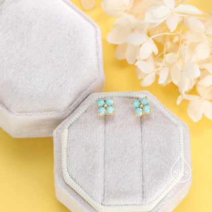 Aqua Green Opal Hydrangea Stud Earrings in Sterling Silver - Gold or Silver - Opal Flower Earrings, Four Fire Opal Stud