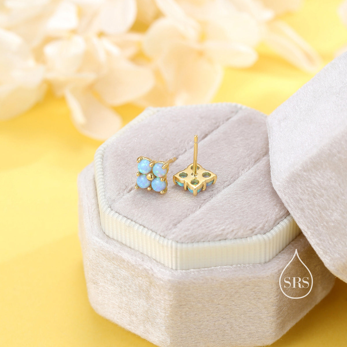 Blue Opal Hydrangea Screw Back Earrings in Sterling Silver - Gold or Silver - Opal Flower Earrings, Four Fire Opal Stud
