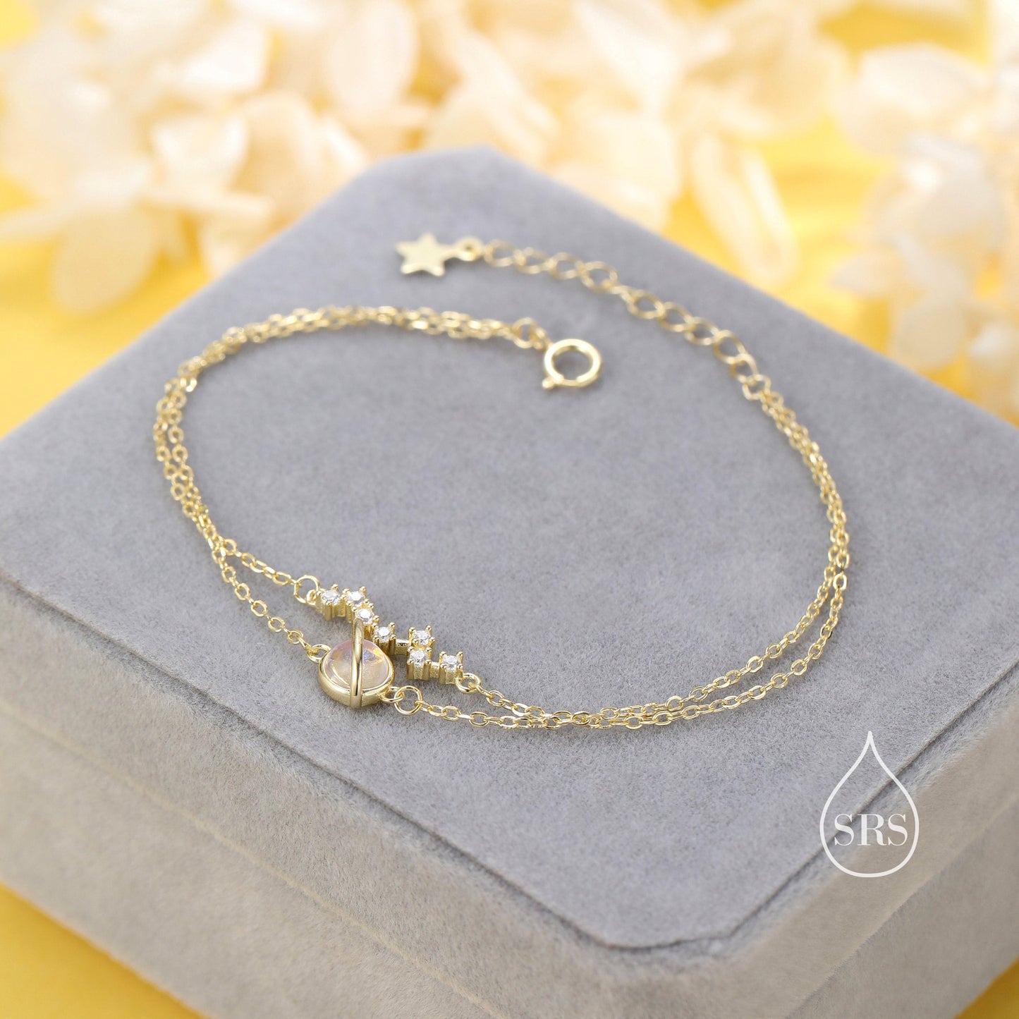 Double Layer Planet and Constellation Bracelet in Sterling Silver, Silver or Gold, Saturn and Star Bracelet, Planet Bracelet