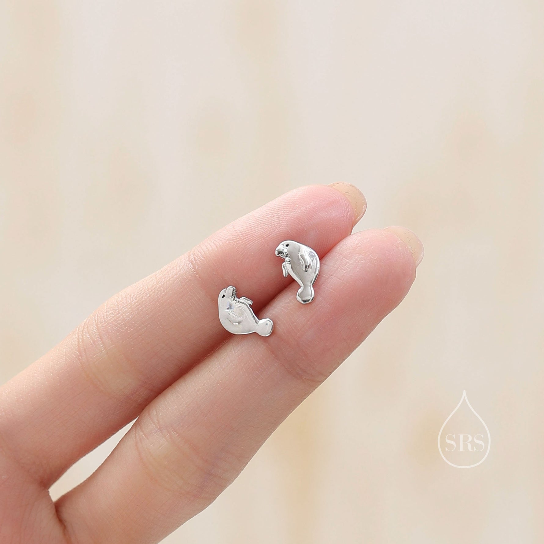Manatee Stud Earrings in Sterling Silver, Nature Inspired Animal Earrings