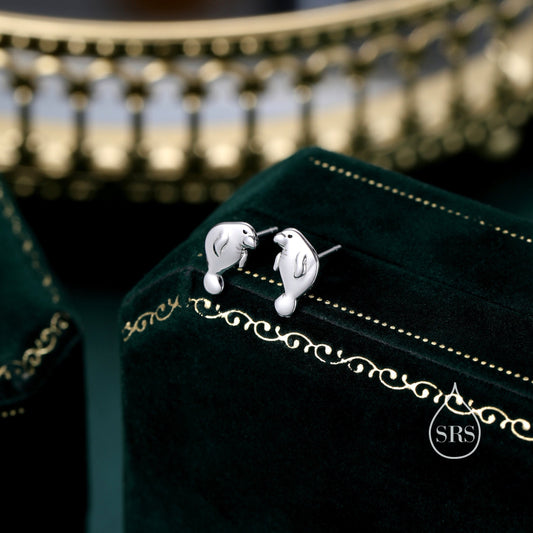 Manatee Stud Earrings in Sterling Silver, Nature Inspired Animal Earrings