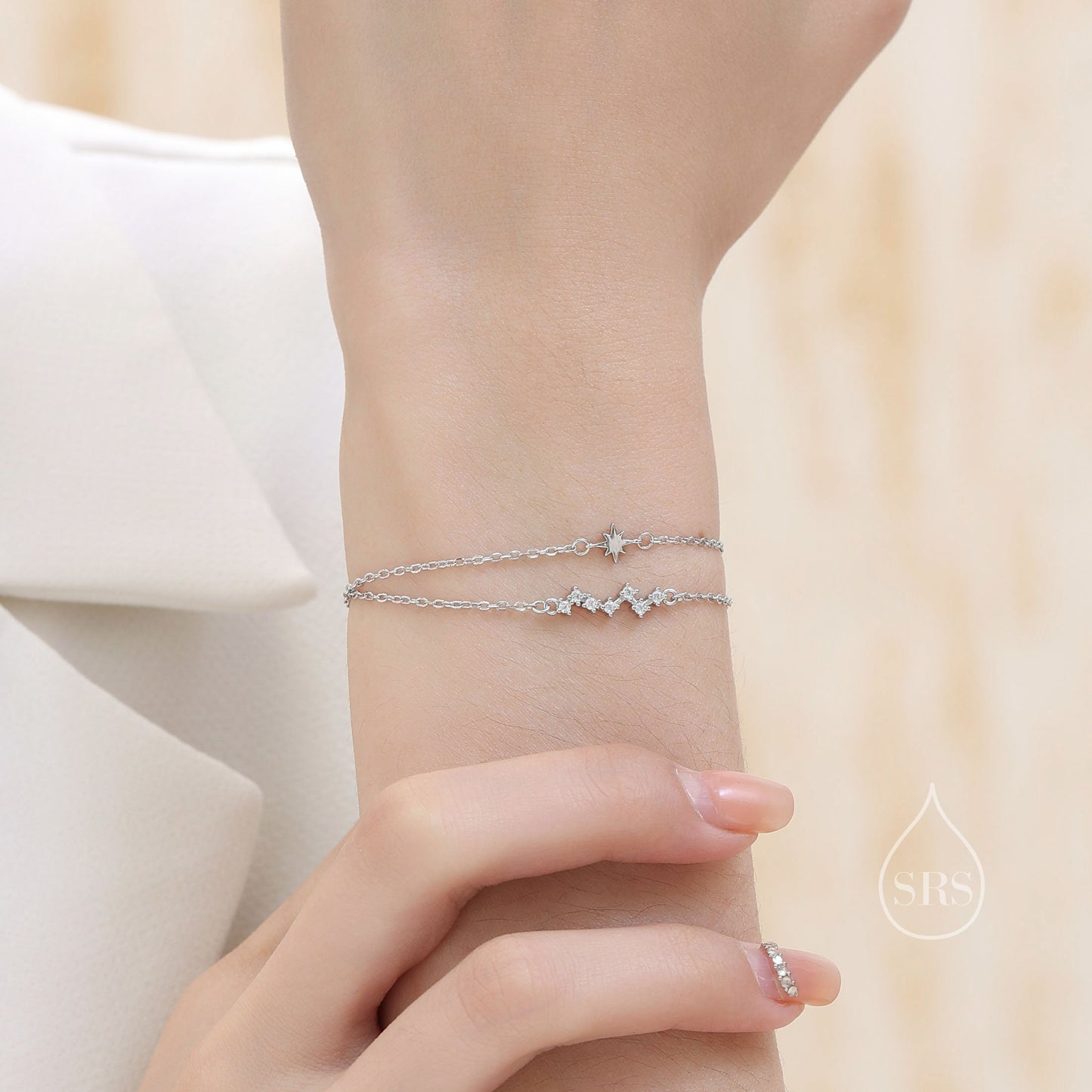 Double Layer Starburst and Constellation Bracelet in Sterling Silver, Silver or Gold or Rose Gold, Star Bracelet, Planet Bracelet