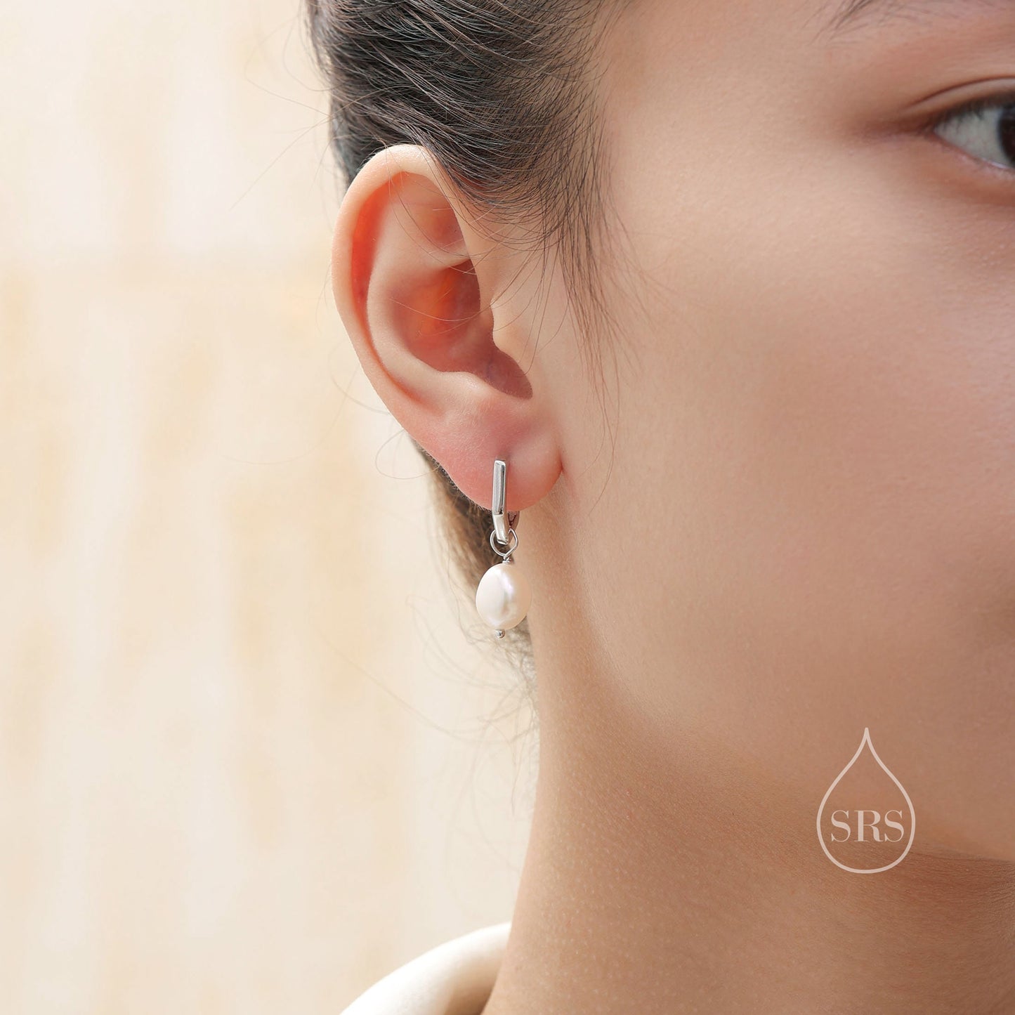 Hexagon Hoops with Dangling Baroque Pearl Drop Earrings in Sterling Silver, Silver or Gold or Rose Gold, Keshi Pearl Earrings, Pearl Hoops