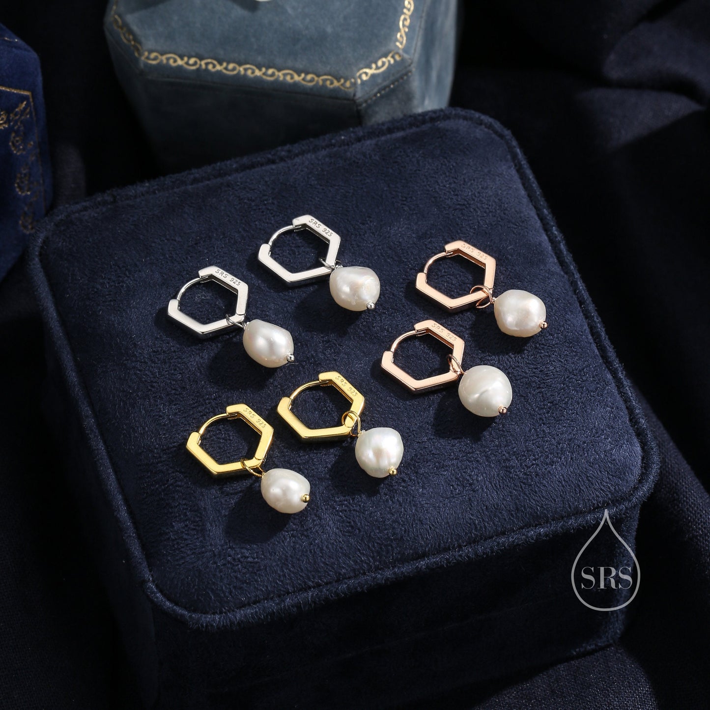 Hexagon Hoops with Dangling Baroque Pearl Drop Earrings in Sterling Silver, Silver or Gold or Rose Gold, Keshi Pearl Earrings, Pearl Hoops