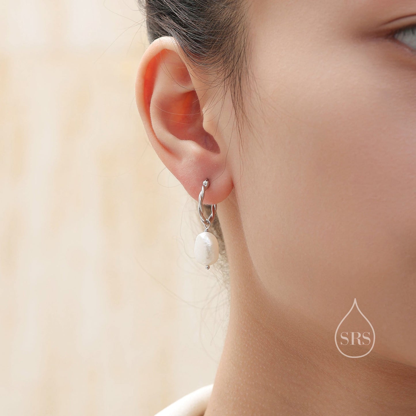 Braided Hoops with Dangling Baroque Pearl Drop Earrings in Sterling Silver, Silver or Gold, Keshi Pearl Twist Hoop Earrings, Pearl Hoops