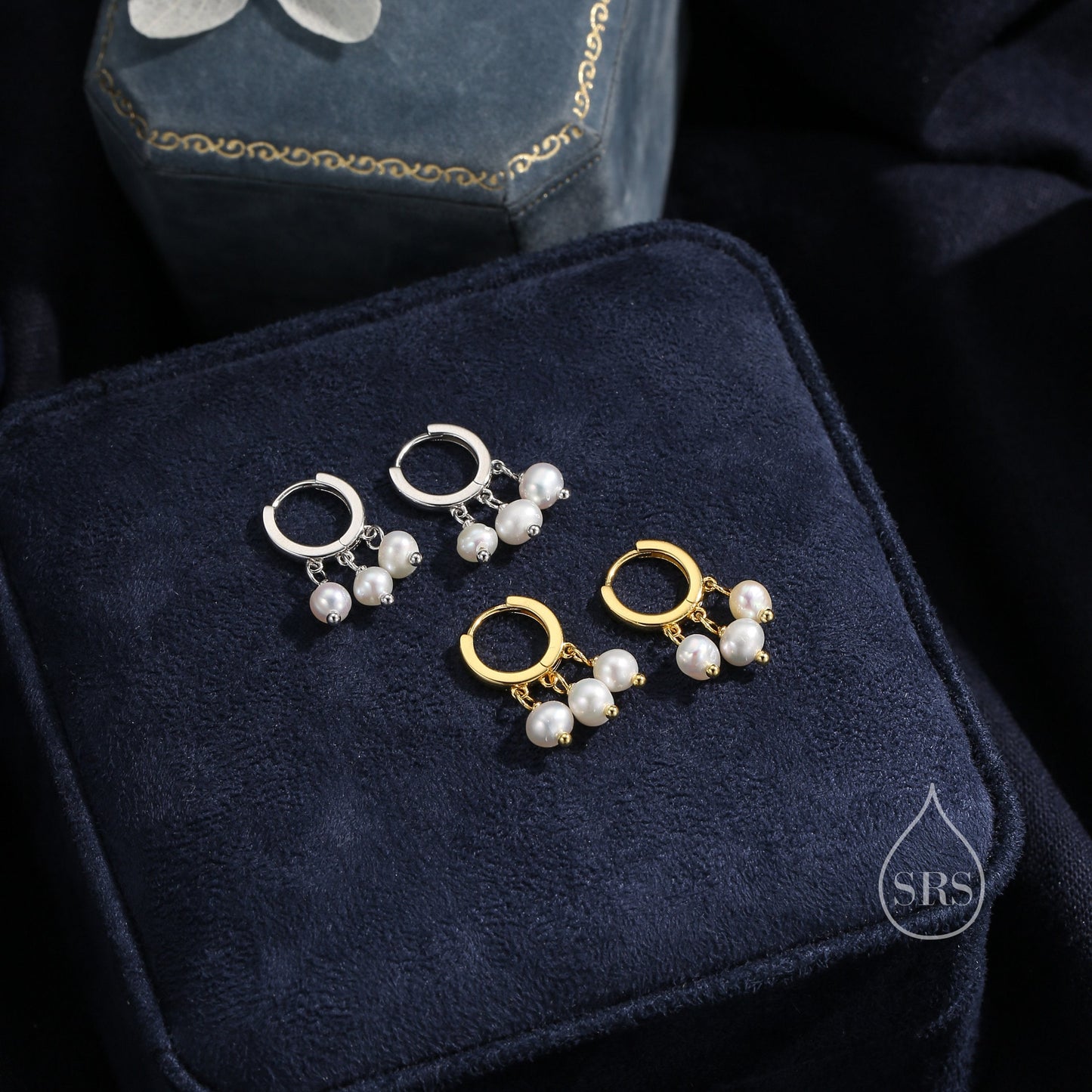Genuine Freshwater Pearl Trio Huggie Hoop Earrings in Sterling Silver, Real Pearl Cluster Dangle Earrings, Gold and Silver