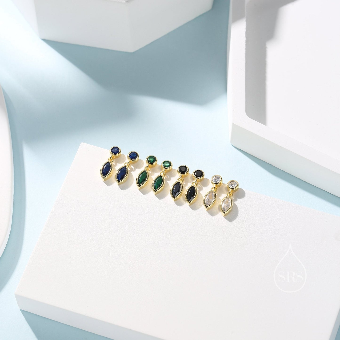 Tiny Emerald Green Double CZ Stud Earrings in Sterling Silver with Round and Marquise CZ, Silver or Gold, Bezel Set Earrings