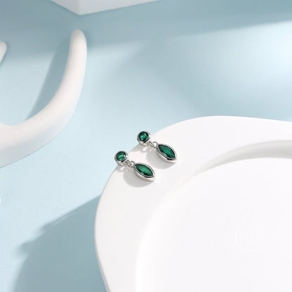 Tiny Emerald Green Double CZ Stud Earrings in Sterling Silver with Round and Marquise CZ, Silver or Gold, Bezel Set Earrings