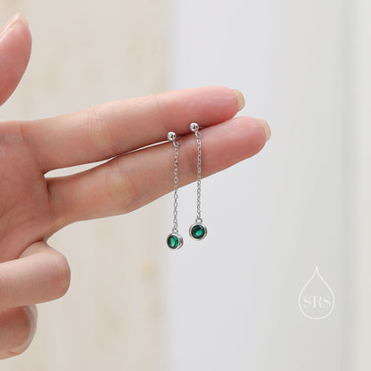 Emerald Green CZ with Chain Dangle Stud Earrings in Sterling Silver, Silver or Gold, Green CZ Drop Earrings