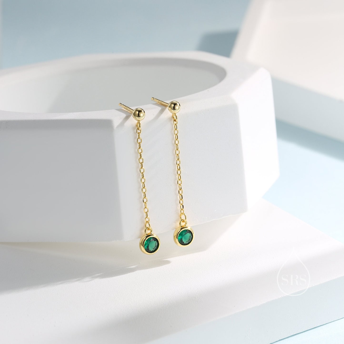 Emerald Green CZ with Chain Dangle Stud Earrings in Sterling Silver, Silver or Gold, Green CZ Drop Earrings