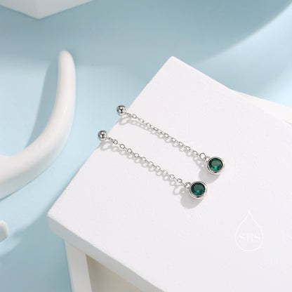 Emerald Green CZ with Chain Dangle Stud Earrings in Sterling Silver, Silver or Gold, Green CZ Drop Earrings