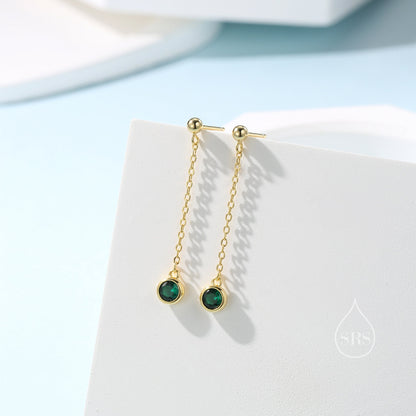 Emerald Green CZ with Chain Dangle Stud Earrings in Sterling Silver, Silver or Gold, Green CZ Drop Earrings