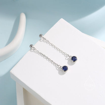 Sapphire Blue CZ with Chain Dangle Stud Earrings in Sterling Silver, Silver or Gold, Blue CZ Drop Earrings