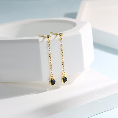 Black CZ with Chain Dangle Stud Earrings in Sterling Silver, Silver or Gold, Black CZ Drop Earrings