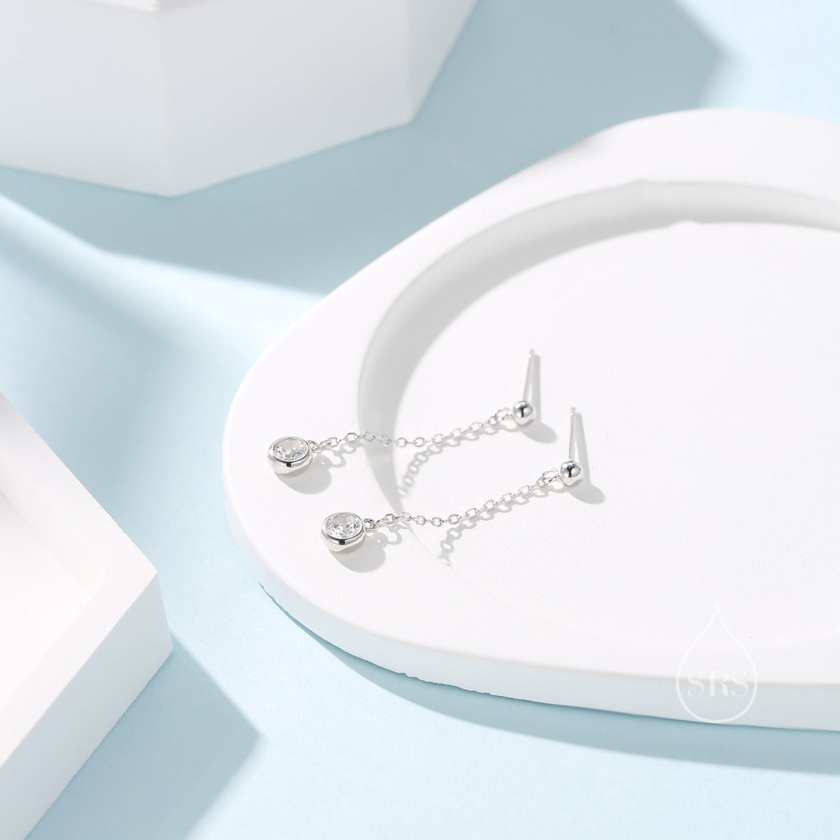 Clear CZ with Chain Dangle Stud Earrings in Sterling Silver, Silver or Gold or Rose Gold, CZ Drop Earrings