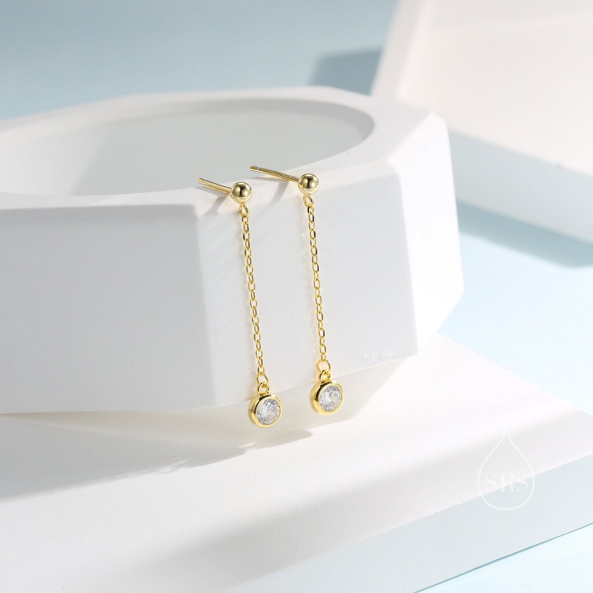 Clear CZ with Chain Dangle Stud Earrings in Sterling Silver, Silver or Gold or Rose Gold, CZ Drop Earrings