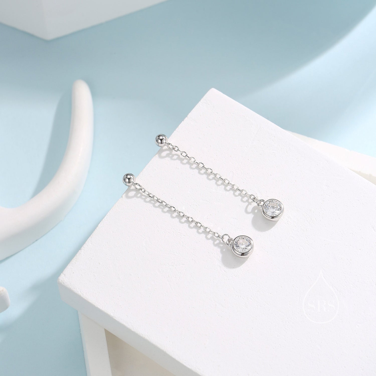 Clear CZ with Chain Dangle Stud Earrings in Sterling Silver, Silver or Gold or Rose Gold, CZ Drop Earrings