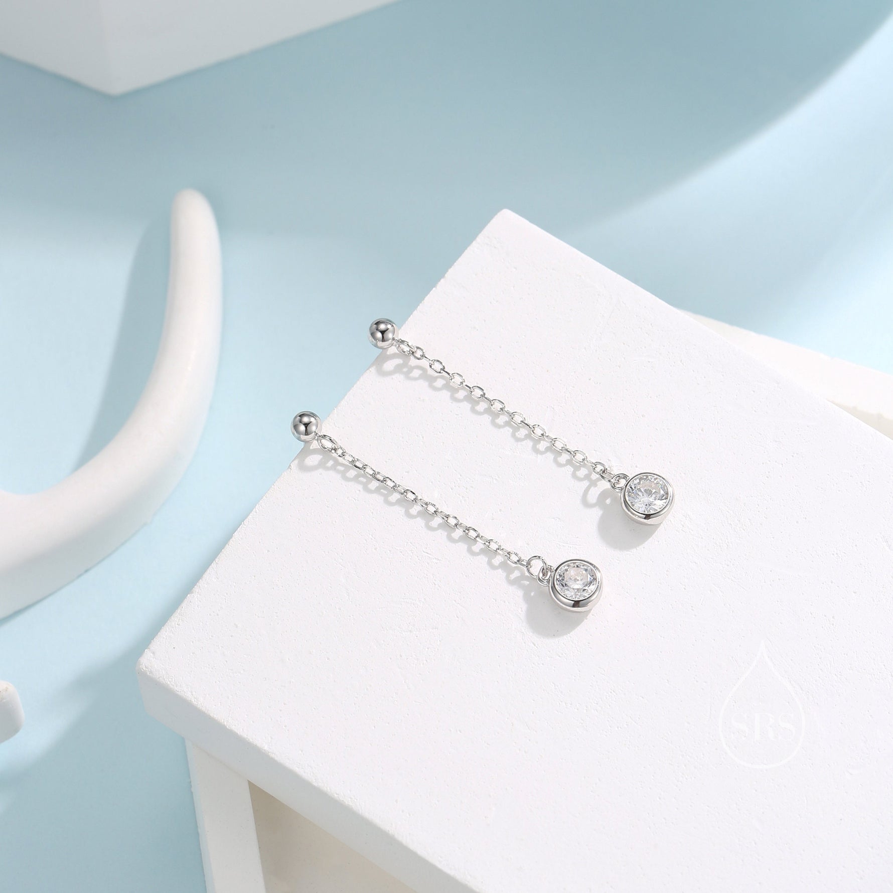 Clear CZ with Chain Dangle Stud Earrings in Sterling Silver, Silver or Gold or Rose Gold, CZ Drop Earrings